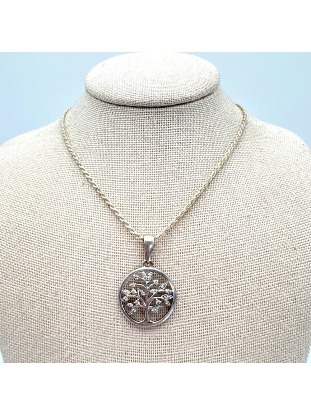 Tree of Life Silver Plated CZ Pendant w/ Solid Sterling Silver 925 20" Rope Chai